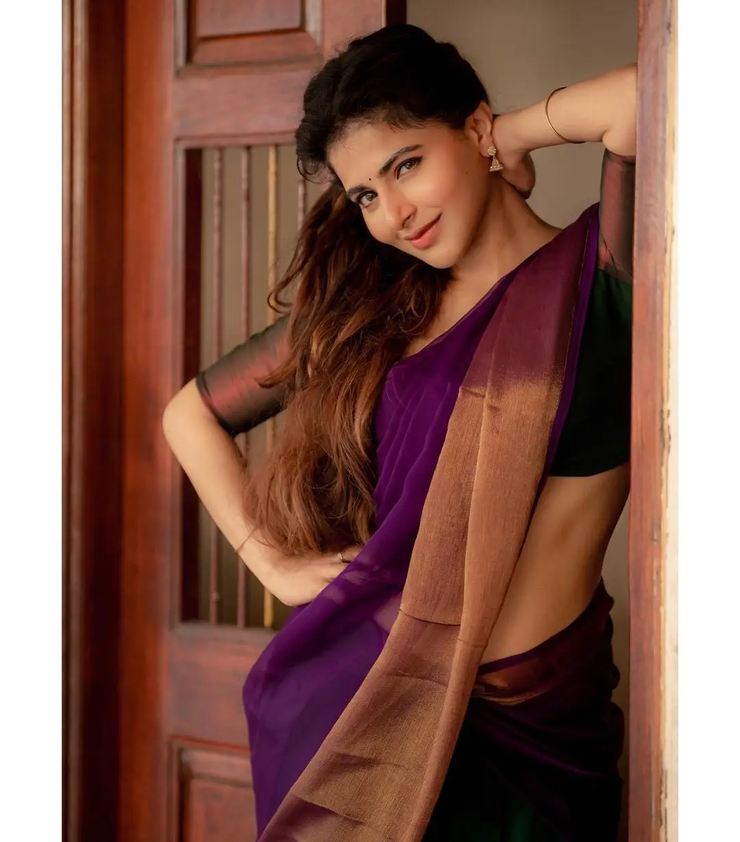 Indian Girl Iswarya Menon In Traditional Violet Saree Green Blouse